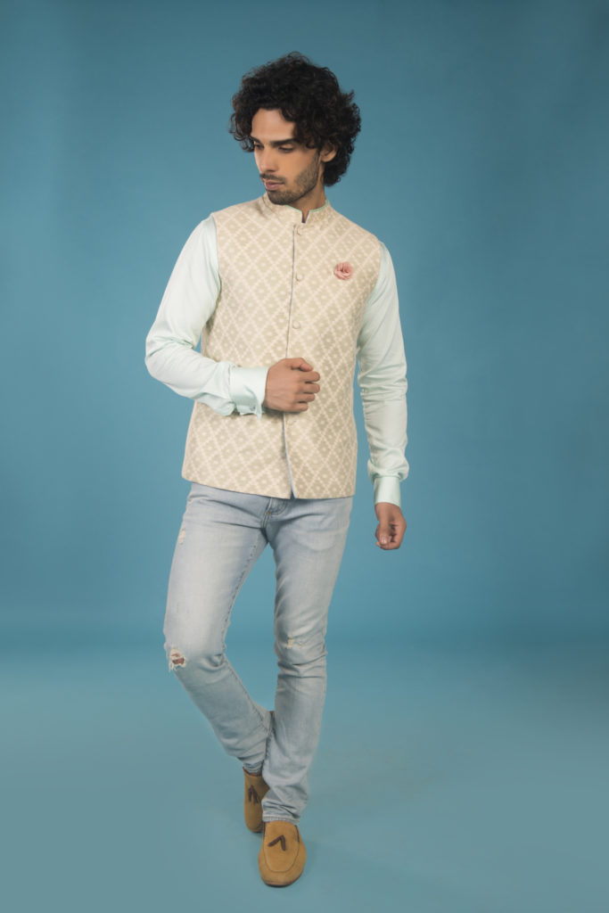 2-Beige silk rose checkered chanderi bandhi with echeveria mint chinese collar shirt & ripped blue jeans