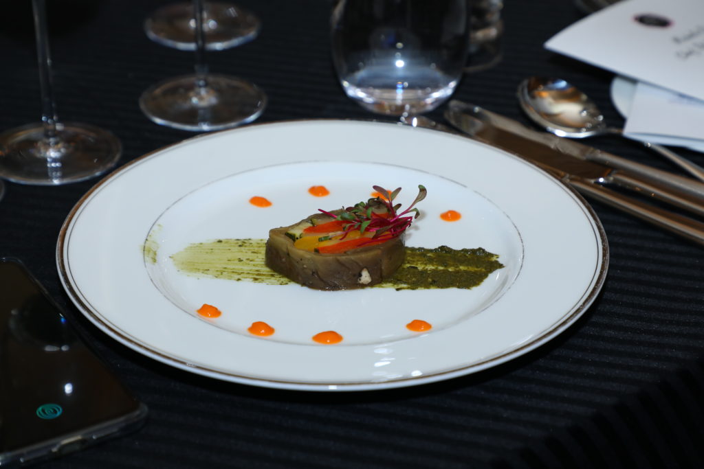 Charlotte of candied vegetables, emulsion of basil leaves with pine nuts
