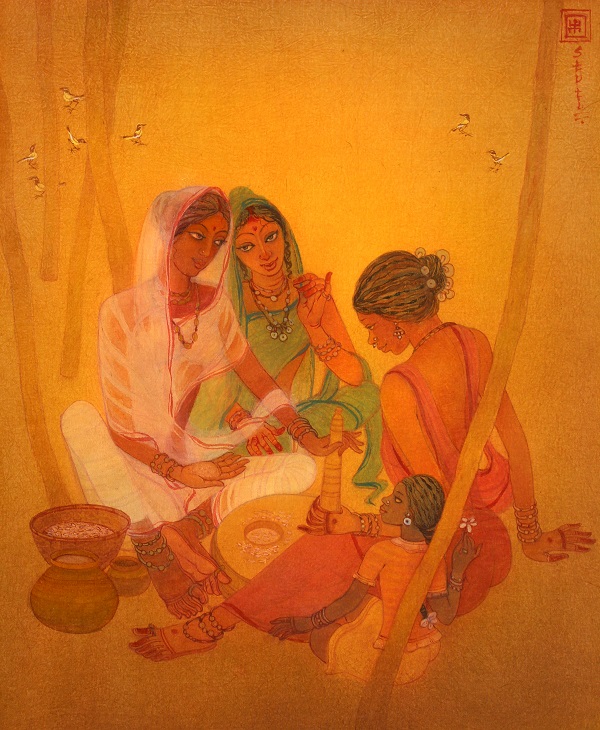 At afternoon wash and watercolour on cloth 11inches X 18 inches by stuti laha small