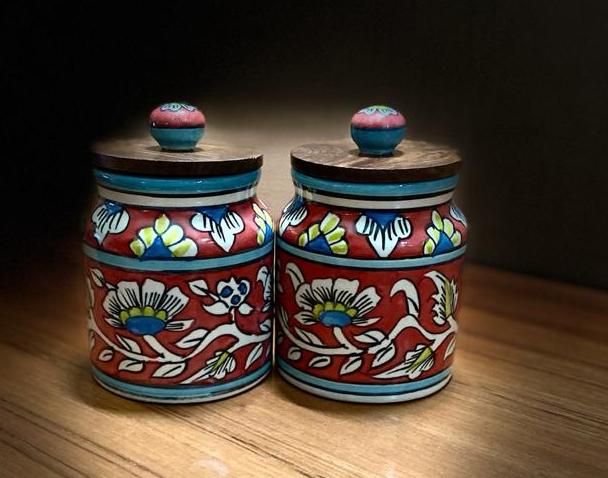 "Mughal Cylindrical Duo" Floral Hand-painted Multi Utility Storage Jars & Containers