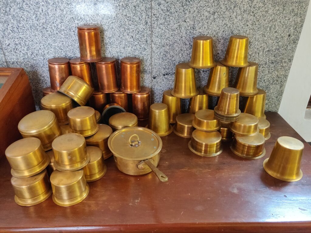 Brass vessels in a Chettinad kitchen
