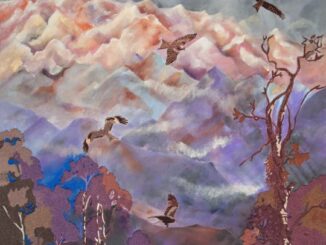 5x5 ft., The flutter of her wings and the unbending mountains, Mix media on recycled plastic yarn, 2372, 2025
