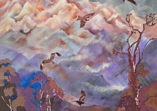 5x5 ft., The flutter of her wings and the unbending mountains, Mix media on recycled plastic yarn, 2372, 2025 5x5 ft., The flutter of her wings and the unbending mountains, Mix media on recycled plastic yarn, 2372, 2025