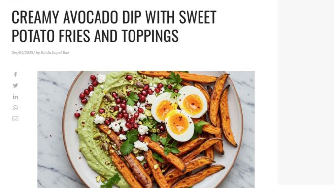 Creamy Avocado Dip with Sweet Potato Fries and Toppings