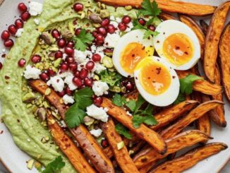 Creamy Avocado Dip with Sweet Potato Fries and Toppings